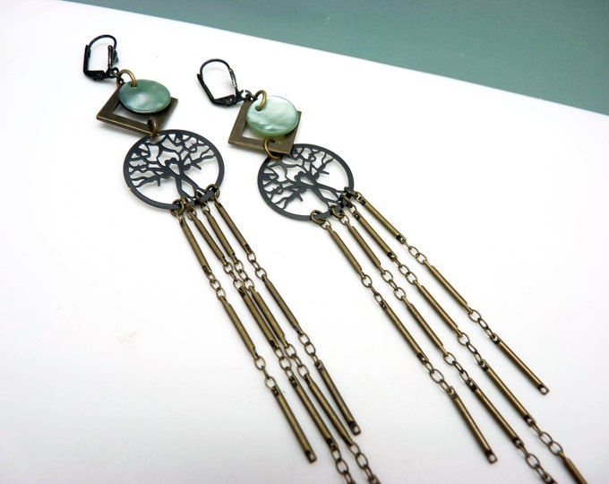 Very long and light earrings in bronze and black metal and mother-of-pearl water glass tree of life FULL LIFE clips option
