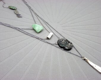 KEZAKO Multi-Row Silver Necklace | Aventurine & Pyrite Stones | Boho Chic Long Necklace