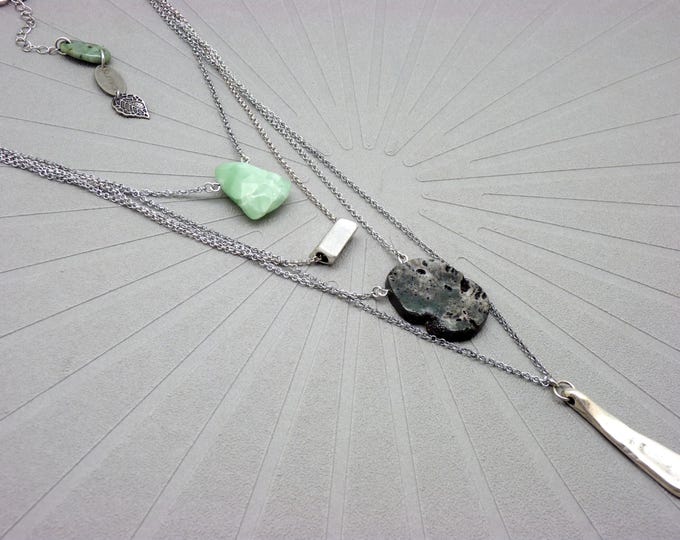 KEZAKO Multi-Row Silver Necklace | Aventurine & Pyrite Stones | Boho Chic Long Necklace