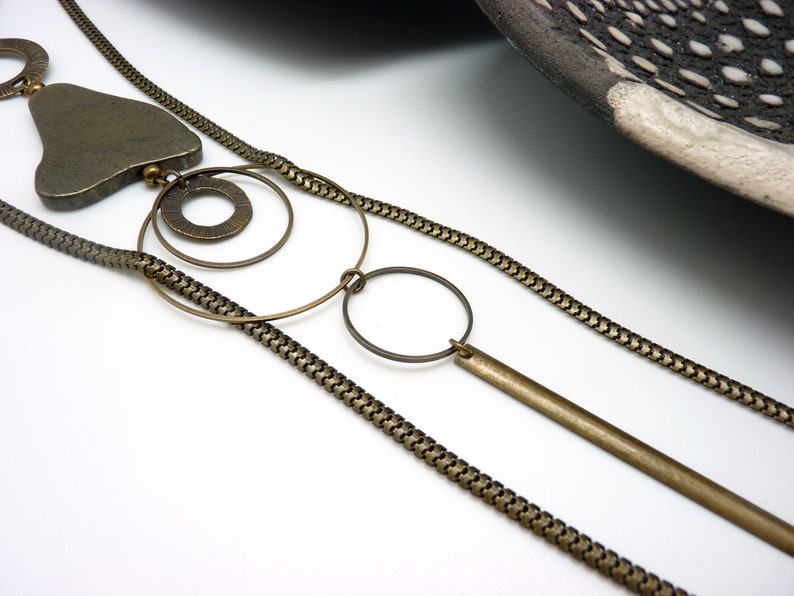 long necklace chic bohemian Chic collection PYRITE KUMKA Long necklace big stone lasso metal bronze brass necklace pyrite