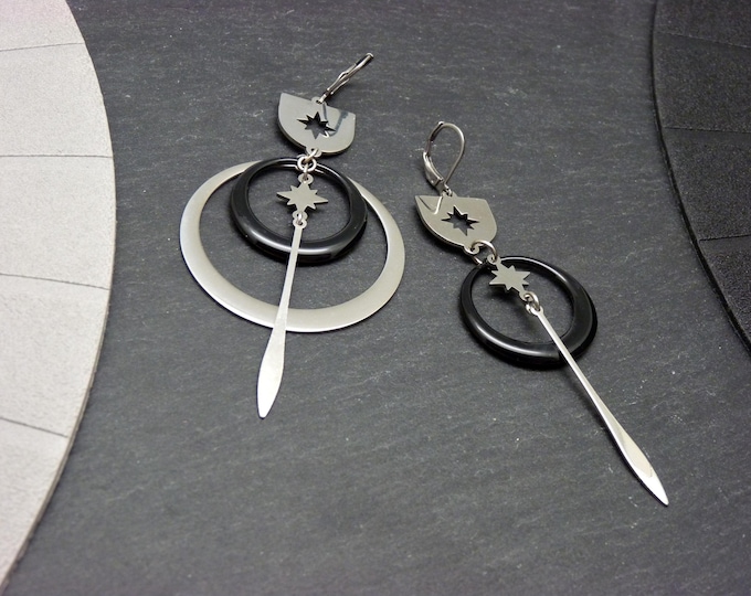 Asymmetrical silver earrings Stainless steel, black, cosmic star - SATURNELLE - clip-on option