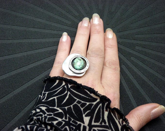 African turquoise stone silver ring - offset - adjustable ring - MIMI GRECA