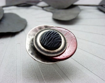 Large silver ring, red wood, black zebra resin - ethnic - CAPRI - adjustable