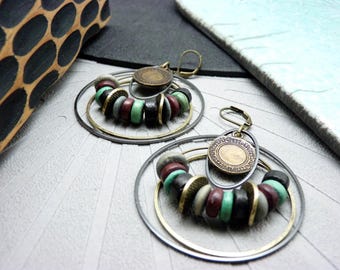 FESTOCH Large Tribal Hoop Earrings | Burgundy & Green Wooden Beads on Two-Tone Metal