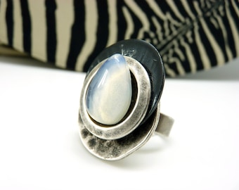Bague pierre opalite argent noir | PIERRE de LUNE | réglable - KUMKA