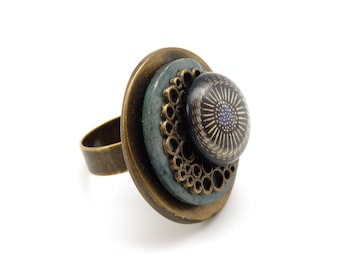 Round ring metal bronze wood blue jean resin black and blue NEBULEUSE pattern adjustable adjustable