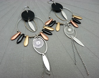 NEO BOHEMIA Silver Hoop Earrings with Black Leather, Matte Glass, Copper, Bronze and Black Finish, Clip Option - KUMKA