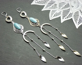 Maxi length earrings - SHEHERAZADE - sky blue glass and tassels | Boho chic oriental jewelry | Clip-on option