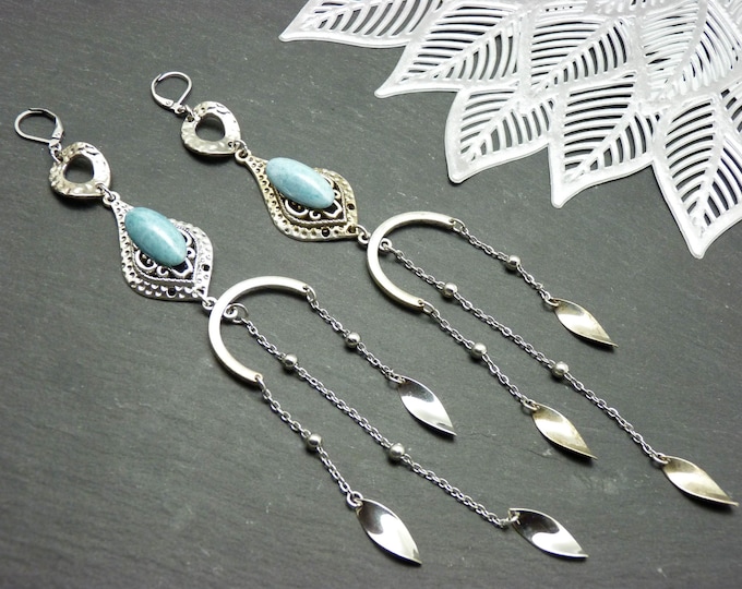 Maxi length earrings - SHEHERAZADE - sky blue glass and tassels | Boho chic oriental jewelry | Clip-on option