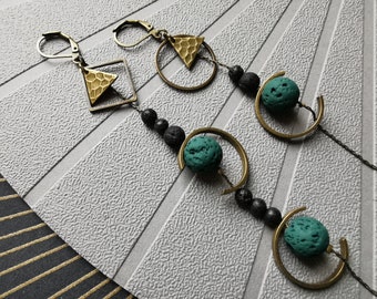 Asymmetrical green lava stone earrings, half-moon bronze metal REVEUSES clip option