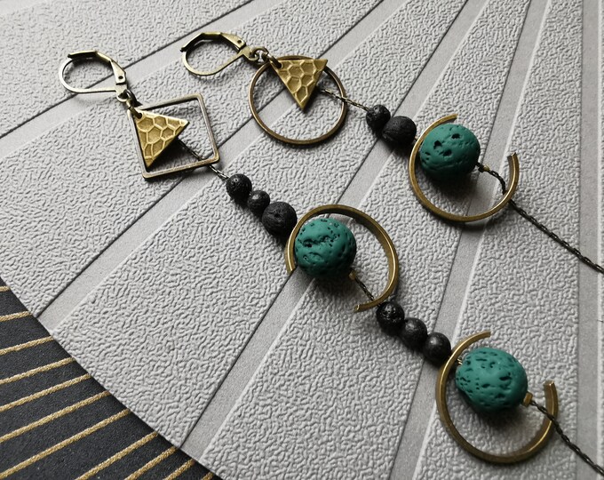 Asymmetrical green lava stone earrings, bronze half-moon - REVEUSES - clips option