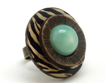 Big Zebra wood ring resin brown and blue, ethnic BLUE ZEBRE adjustable adjustable