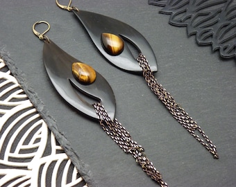 Boucles d'oreilles Œil de Tigre & Corne Noire | SHAMANE | Option Clips