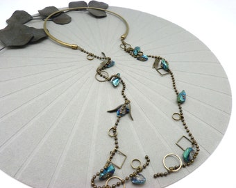 Necklace torque long metal bronze and stone rough pyrite blue metallic STARK
