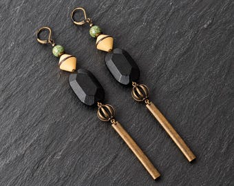 Boucles d'oreilles longues en bois noir et bronze | ISHTAR | Option Clips