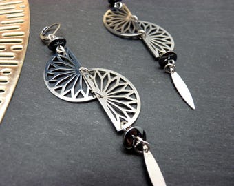 Silver art deco earrings stainless steel hematite stone MAGDALENA clip-on option