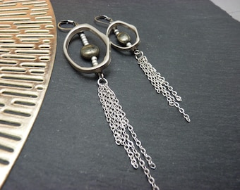 Asymmetrical matte silver earrings with khaki pyrite stone ANGIE chic minimalist clip-on option