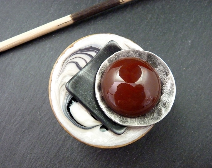 Very Large Magnetic Brooch with Orange-Red Carnelian Stone for Thick Fabrics, Scarf, Stole, Coat, Large Vest, in Wood and Metal ADVENTURER