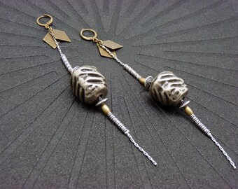Long earrings metallic resin bronze and silver minimal graphic BRONX zebra option Clips