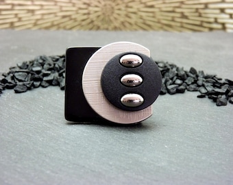 Black square matte silver ring - minimalist and futuristic - adjustable ring - FUTURIA