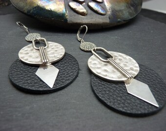 Black leather and hammered aged silver metal earrings, ethnic, KAJIM Clips option