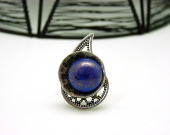 Bague argent longue en métal et verre bleu indigo | CACHEMIR | réglable - - KUMKA - Dernière pièce !