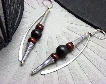 Burgundy ceramic, wood, silver earrings - cosmic graphic - ZOUIG - clip-on option