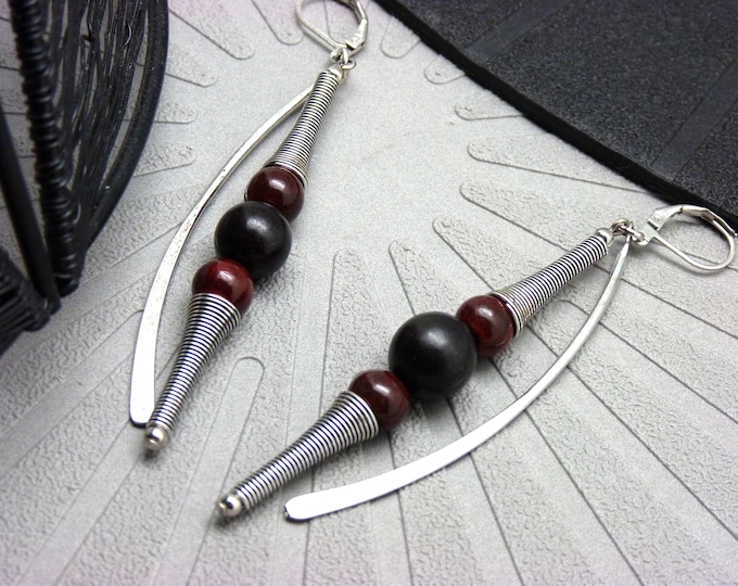 Burgundy ceramic, wood, silver earrings - cosmic graphic - ZOUIG - clip-on option