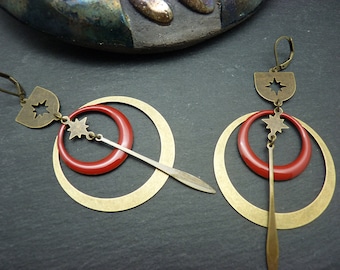 SATURNELLE enamelled red bronze star hoop earrings or asymmetrical earrings of your choice, clip option