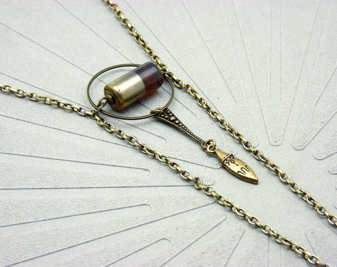 Y-shaped necklace with brown glass pendant and vintage gold chain - KOUDKLAST - long boho art deco necklace