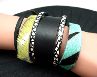 Women's magnetic leather cuff bracelet, silver, anise green, turquoise, zebra hair, black and white, 6 cm wide, TRANCE - KUMKA