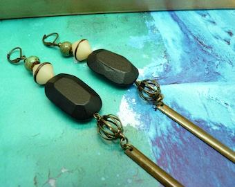 Long Bronze Earrings in Wood Black Resin Ecru and Ceramic Green Light Ethnic ISHTAR Clip Option