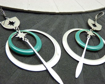 SATURNELLE enamelled duck silver star hoop earrings or asymmetrical earrings of your choice, clip option