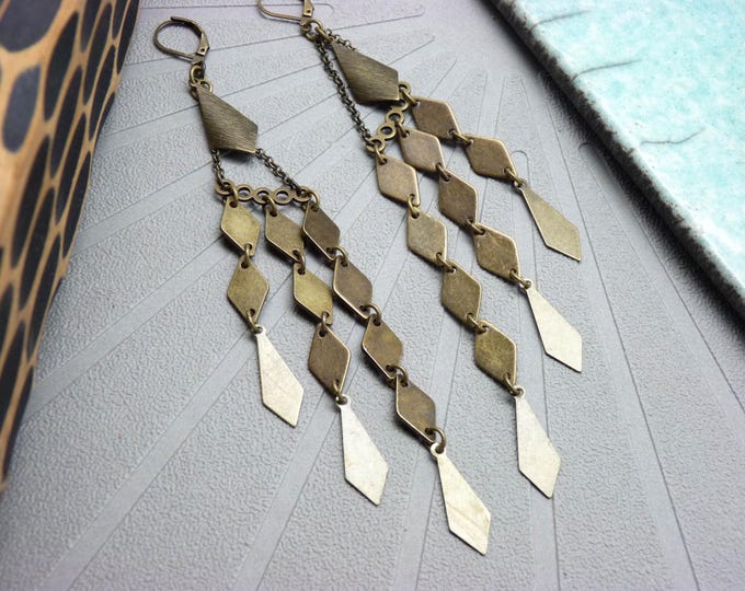 Long diamond earrings, bronze - art deco graphic - MELDARIKA - clip-on option