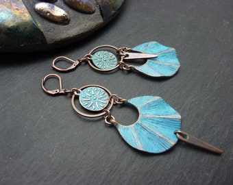 Asymmetrical copper and ethnic oxidized blue earrings ALBA Clips option