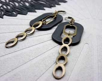 Black and Bronze Vegan Leather Graphic Earrings | SONATE | Clip-on Option