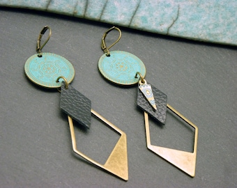 Asymmetrical earrings, black oxidized turquoise bronze, metal leather NASTASIA clip option