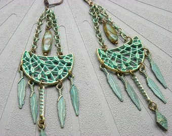 Long boho earrings green bronze oxidized moon feather GRINEDA Clips option