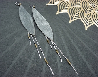 Very long ethnic earrings leaf in sanded gray horn silver chains SIOUX clips option