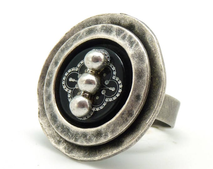 Adjustable silver and black graphic metal and mother-of-pearl PROPHECY ring