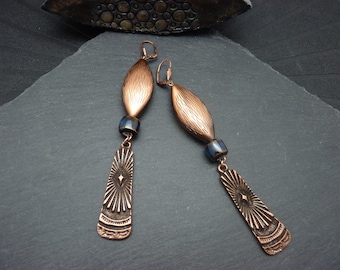 Copper and deep blue earrings, metal, ceramic, metallic resin COPPER SUN clip-on option
