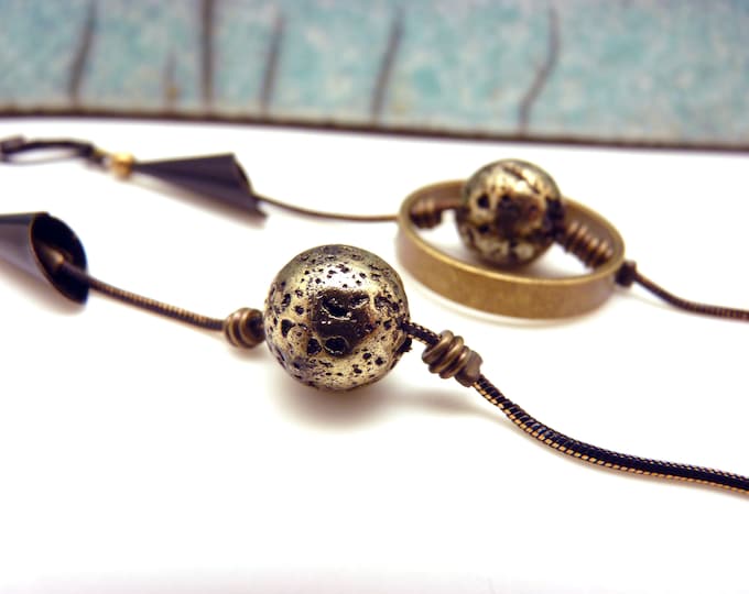 Asymmetrical earrings, bronze and black, COSMOS lava stone metal, clip-on option
