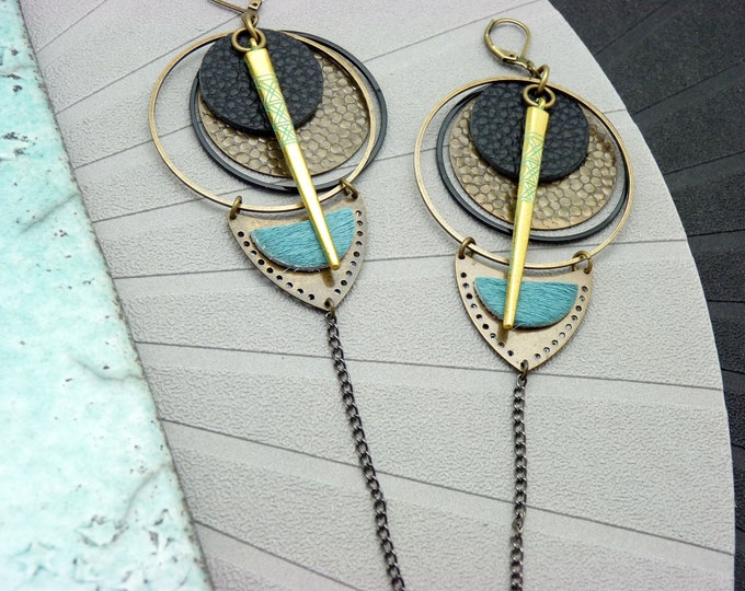 Long ethnic hoop earrings in blue and black leather, bronze and vintage oxidized gold metal KONDORA, clips option Last piece!