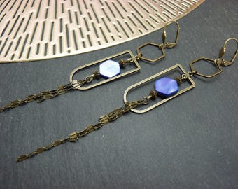 Lavender blue hexagon earrings bronze metal art deco chains GISELA clip-on option