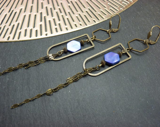 Lavender blue hexagon earrings bronze metal art deco chains GISELA clip-on option