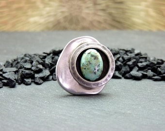 African turquoise stone silver ring - offset - adjustable ring - MIMI GRECA
