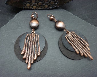 Large copper and black earrings, metal, wood, vegan leather, metallic resin COPPER FOREVER clip option - Last item!