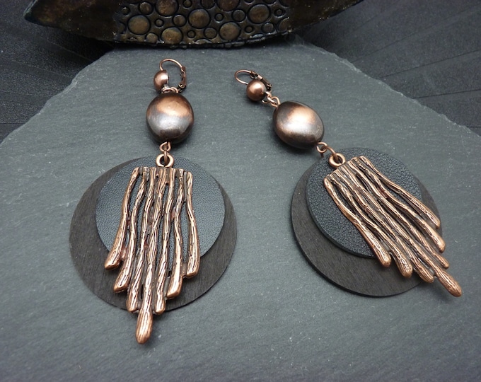 Large copper and black earrings, metal, wood, vegan leather, metallic resin COPPER FOREVER clip option - Last item!