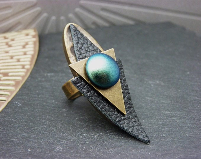 Long green scarab ring in glass, bronze metal, resin, graphic leather TALISMAN adjustable adjustable