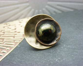 Ring bronze corrugated metal dark green glass chic and minimal CHIC adjustable adjustable